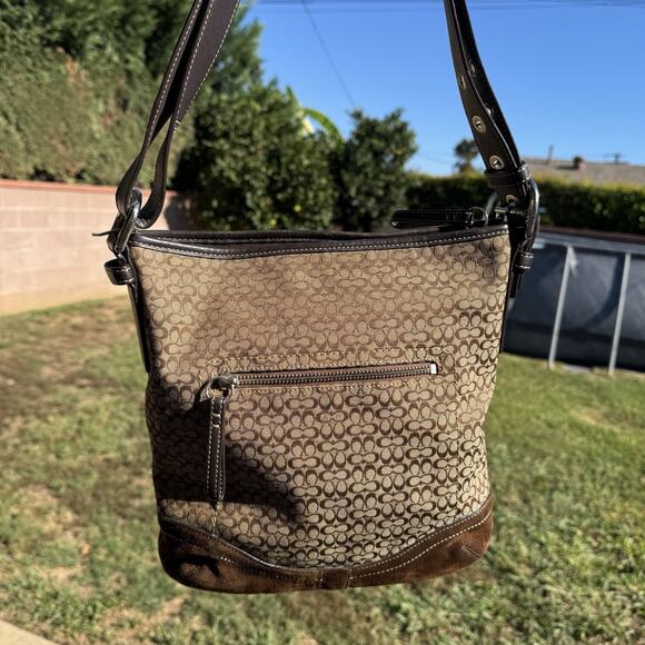 Vintage Coach Signature Mini C Bag Canvas Suede Shoulder Bag Purse Brown F10944 - Picture 3 of 16